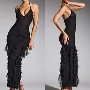 Oh Polly Anley Maxi Dress Black Beaded Halter Ruffle 2